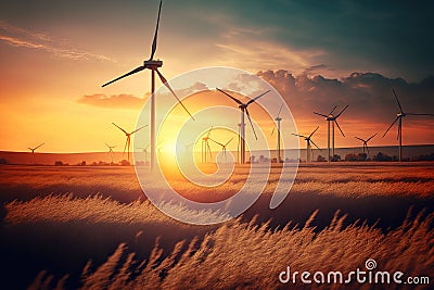 AI generated illustration of windmills in greenery field during sunset Cartoon Illustration