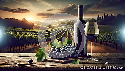 AI generated illustration of a wine bottle and glass of wine, with some grapes on a wooden desk Cartoon Illustration