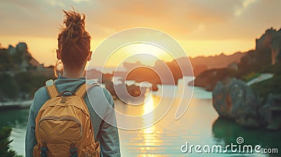 AI generated illustration of a woman gazes at the sunset from a hilltop Cartoon Illustration