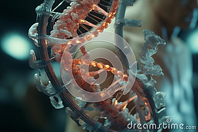 AI generated illustration of a woman in gray shirt holds double strand of orange DNA Cartoon Illustration