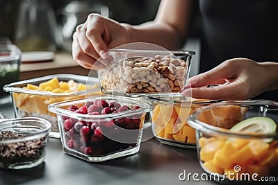 AI generated illustration of a woman preparing a healthy meal, with a variety of food containers Cartoon Illustration