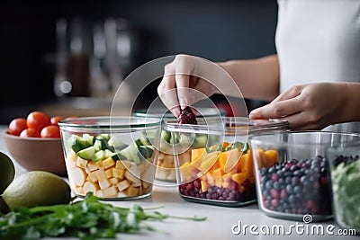 AI generated illustration of a woman preparing a healthy meal, with a variety of food containers Cartoon Illustration