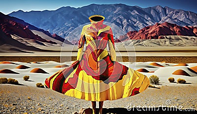 AI Generated illustration from woman yellow and red dress in desert in center Cartoon Illustration
