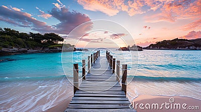 AI generated illustration of a wooden dock on a secluded beach paradise at the sea Cartoon Illustration