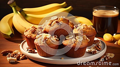 AI generated illustration of a wooden table with freshly-baked banana and peanut muffins Cartoon Illustration