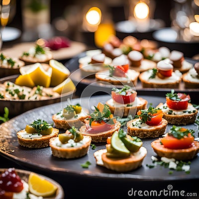 a table full of plates of small appetizers with lemon slices, bread, Cartoon Illustration