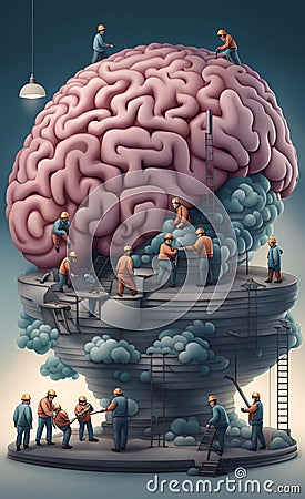 AI generated illustration of workers repairing and fixing a giant human brain Cartoon Illustration
