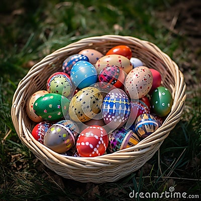 AI generated illustration of a woven basket filled with pastel-hued Easter eggs on the lush grass Cartoon Illustration