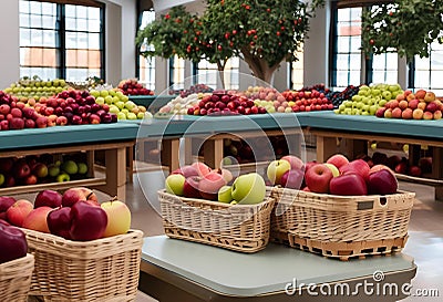 AI generated illustration of woven baskets of fresh apples in a hall Cartoon Illustration