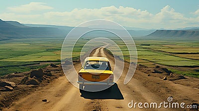 AI-generated illustration of a yellow car driving down a picturesque dirt road in a rural setting Cartoon Illustration