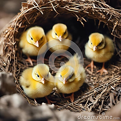 AI generated illustration of yellow fledglings in a nest Cartoon Illustration