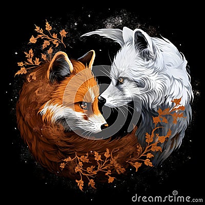 AI generated illustration of a yin yang symbol with foxes Cartoon Illustration