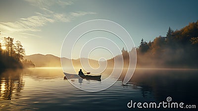a couple in canoes paddling through a foggy lake Cartoon Illustration