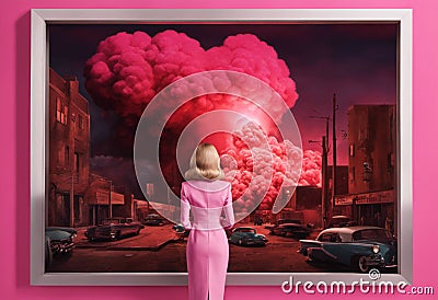 AI generated illustration of A young female with pink dyed hair stands in a gallery, Cartoon Illustration