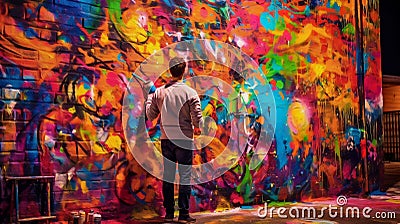 AI generated illustration of a young male painting a wall with colorful abstract grafitti Cartoon Illustration