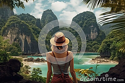 AI generated illustration of a young woman atop a cliff overlooking a serene beach Cartoon Illustration