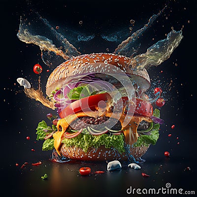 AI generated illustration of a yummy burger with flying fresh vegetables Cartoon Illustration