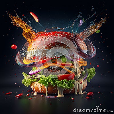 AI generated illustration of a yummy burger with flying fresh vegetables Cartoon Illustration