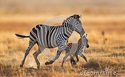 AI generated illustration of zebras in an outdoor grassland environment running Cartoon Illustration