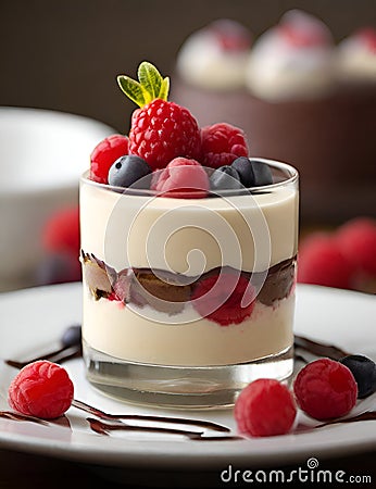 Appealing layered dessert in a clear glass cup. Stock Photo