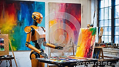 AI generated image of a robot painting in an art studio Stock Photo