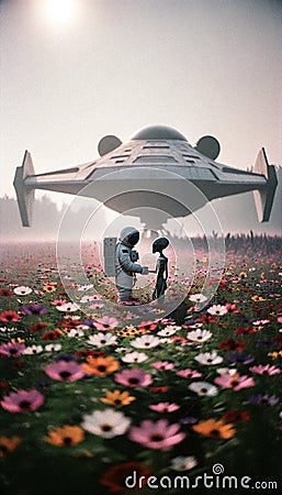 AI-Generated Image: Astronaut Meeting Alien on Flower Planet Cartoon Illustration