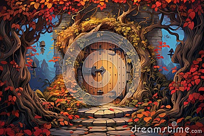 autumn door covered in climbing vines vector fall background Stock Photo