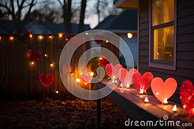 Backyard decorated with candles and hearts for Valentine's Day Stock Photo