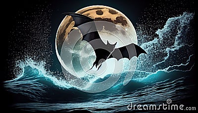 Majestic Bat Soaring Over Moonlit Ocean, Made with Generative AI Stock Photo