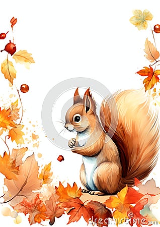beautiful autumn flowers squirrel watercolor border Stock Photo