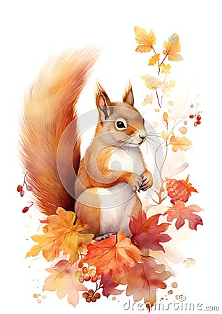 beautiful autumn flowers squirrel watercolor border Stock Photo