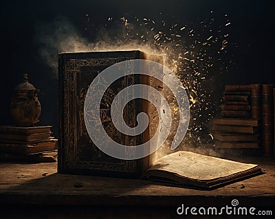 Exploding Book – AI-Generated Image of a Book in an Explosive Moment of Creativity Stock Photo