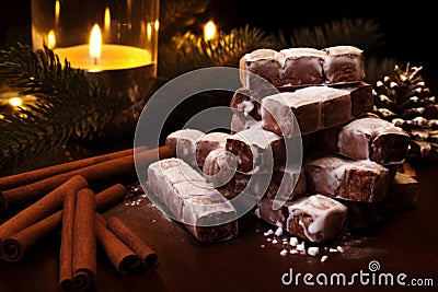 AI Generated Image. Christmas Chocolate dominoes with powdered sugar cinnamon sticks Stock Photo