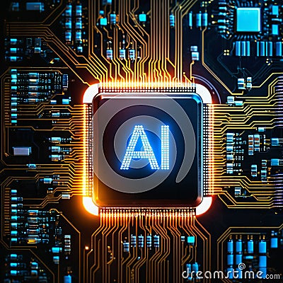 AI generated image of a circuit board with illuminated letters AI Stock Photo