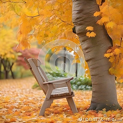 the close shot of the wooden bench beside huge autumn tree with falling leaves with bokeh background Stock Photo