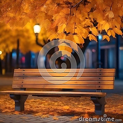 the close shot of the wooden bench beside huge autumn tree with falling leaves with bokeh background Stock Photo