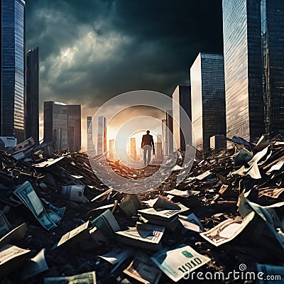 AI generated image of collapsed economy with dark city and money on the ground Stock Photo