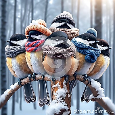Chickadees On A Branch In Winter Wearing Toques And Scarves AI Generated Stock Photo