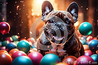 AI generated image of a cute French bulldog, Frenchie playing surrounded with colorful balls Stock Photo