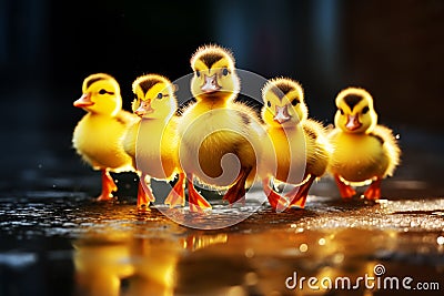 Cute yellow ducklings in a group run on the puddle. Happy Easter concept Stock Photo