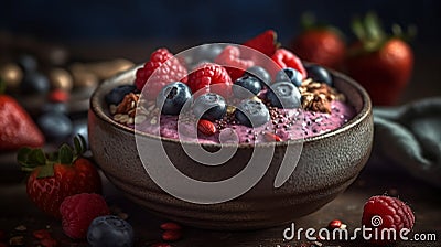 AI generated image of Delisious dessert smoothie with blueberries ruspberries close-up macro Stock Photo