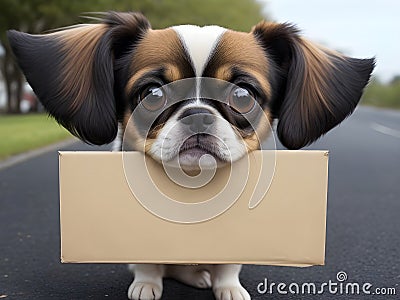 Adorable puppy Papillon dog with a cardboard box on the road Stock Photo