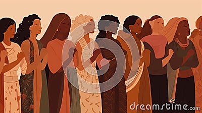 diverse women standing together, holding hands, and raising them up in solidarity Stock Photo