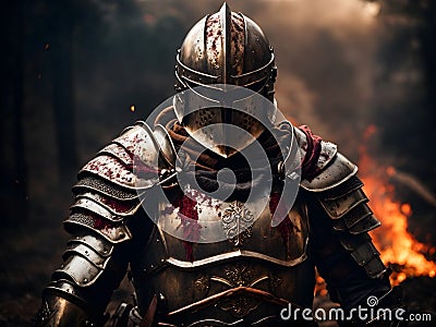 Knight in armor on the background of a forest fire. Medieval concept Stock Photo