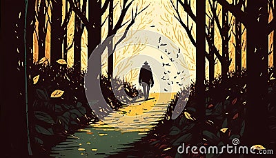 Lonely Wanderer in Endless Forest, Made with Generative AI Stock Photo