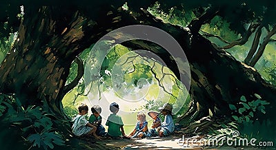 Sheltered Roots: Children Find Solace Under the Green Canopy, Made with Generative AI Stock Photo