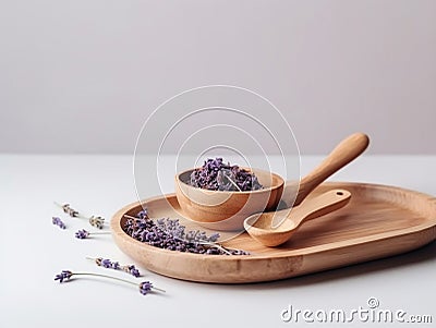 lavender buds and a wooden massage tool Stock Photo