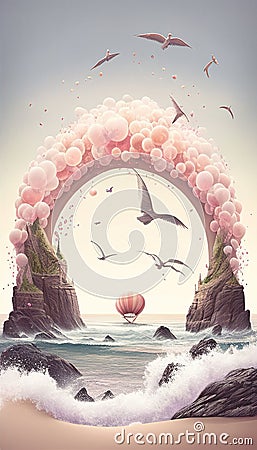 Coastal Landscape with Balloon Arch, Made with Generative AI Stock Photo
