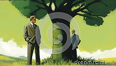 Nature's Partner: A Businessman and His Tree, Made with Generative AI Stock Photo