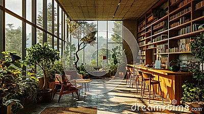 AI-Generated Image of Eco-Friendly Company Offices with Greenery and Large Glass Windows Stock Photo